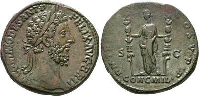 Sestercio de Cómodo. P M TR P XI IMP VII COS V P P / CONC MIL. Concordia estante entre 2 estandartes. Roma 7611459.m