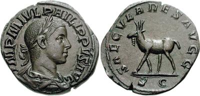 Sestercio de Filipo II. SAECVLARES AVGG. Alce de pie a la izquierda. Roma 351463.m