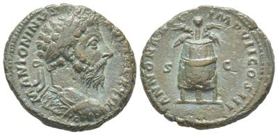 As de Marco Aurelio. ANNONA AVG IMP VII COS III - S C. Modio conteniendo amapola y cuatro espigas. Roma. 5287735.m