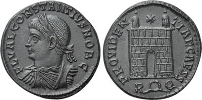 AE3 de Constancio II. PROVIDENTIAE CAESS. Puerta de campamento. Roma 6366057.m