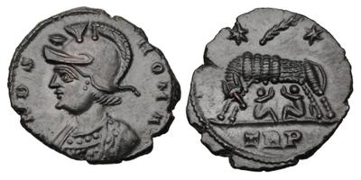AE4 conmemorativa de Roma. VRBS ROMA. La loba capitolina con los gemelos. Trier. 3651723.m