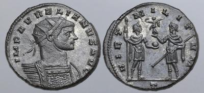 Antoniniano de Aureliano. VIRT MILITVM. Emperador frente soldado entregando victoria. Roma 12613843.m