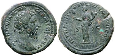 Sestercio de Marco Aurelio. LIBERALITAS AVG VI IMP VII COS III - S C. Liberalitas estante a izq. Roma. 5373747.m