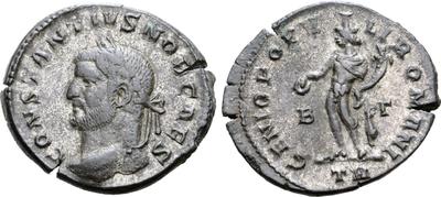 Nummus de Constancio I como cesar. GENIO POPVLI ROMANI. Genio a izq. Trier 6662136.m